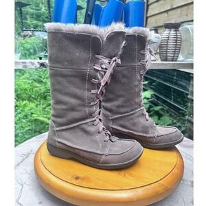 Marni Tall Boots Womens Size 6.5 Taupe Grey Suede Faux Fur Lace Up Sam Edelman